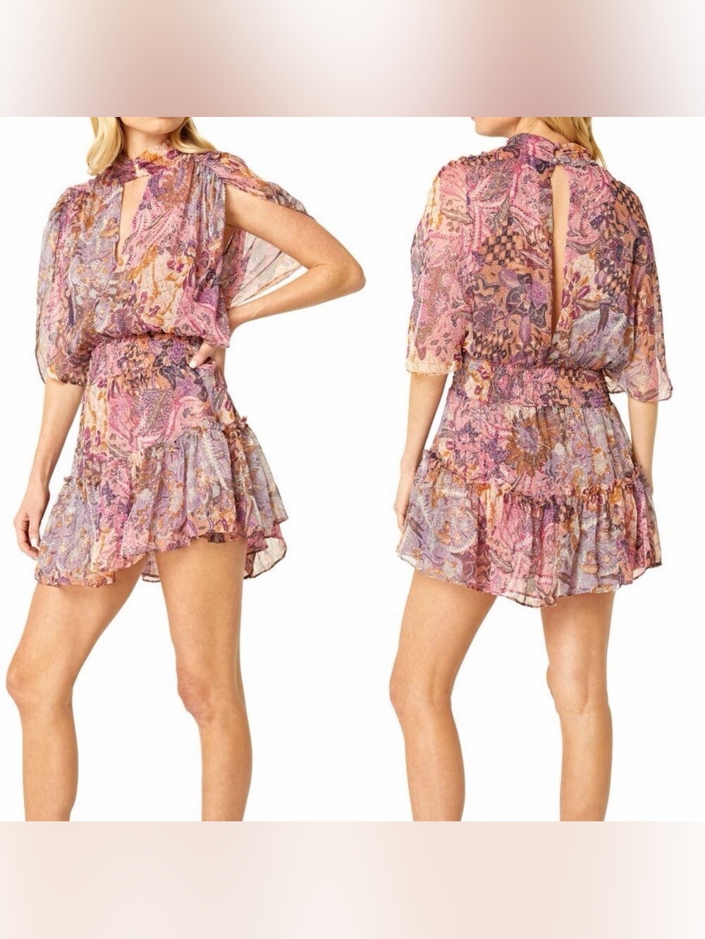 Misa Los Angeles Callas Dress | Pink Purple Batik Print | Smocked Waist Mini | S